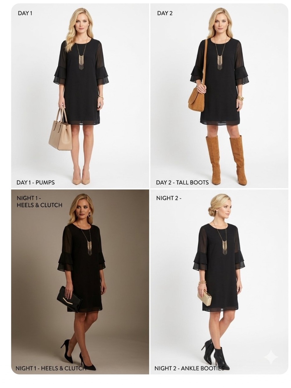 A. Byer Black Relaxed Fit Shift Cut With Elegant Sheer 3/4 Sleeves With Necklace